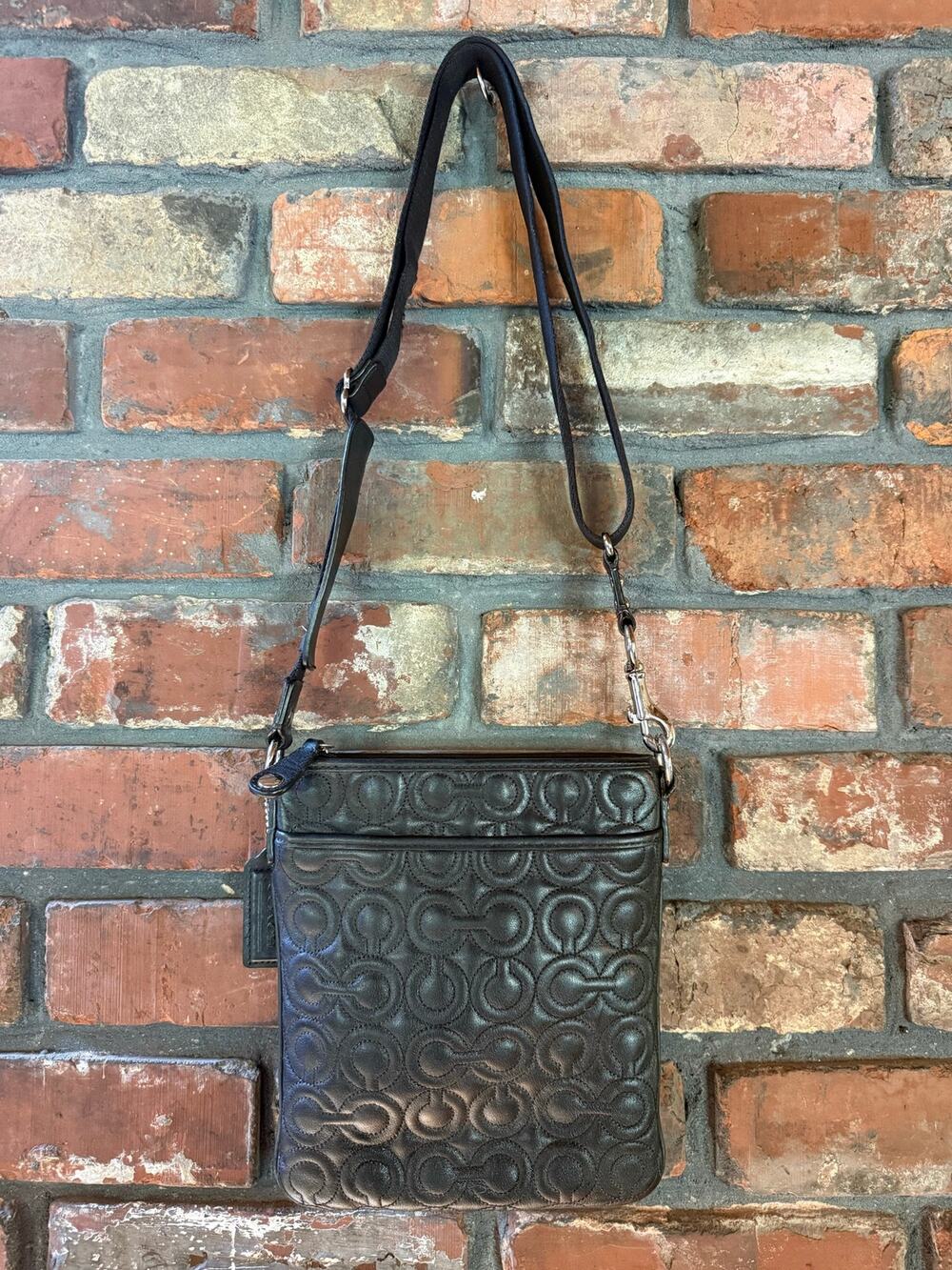 Authentic COACH Black Embossed Leather Op Art Crossbody Flight Bag